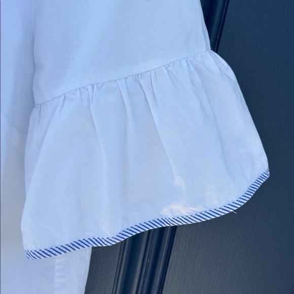 JCrew Tipped Button-Back Bell Sleeve White Cotton Top with blue trim - Picture 5 of 13